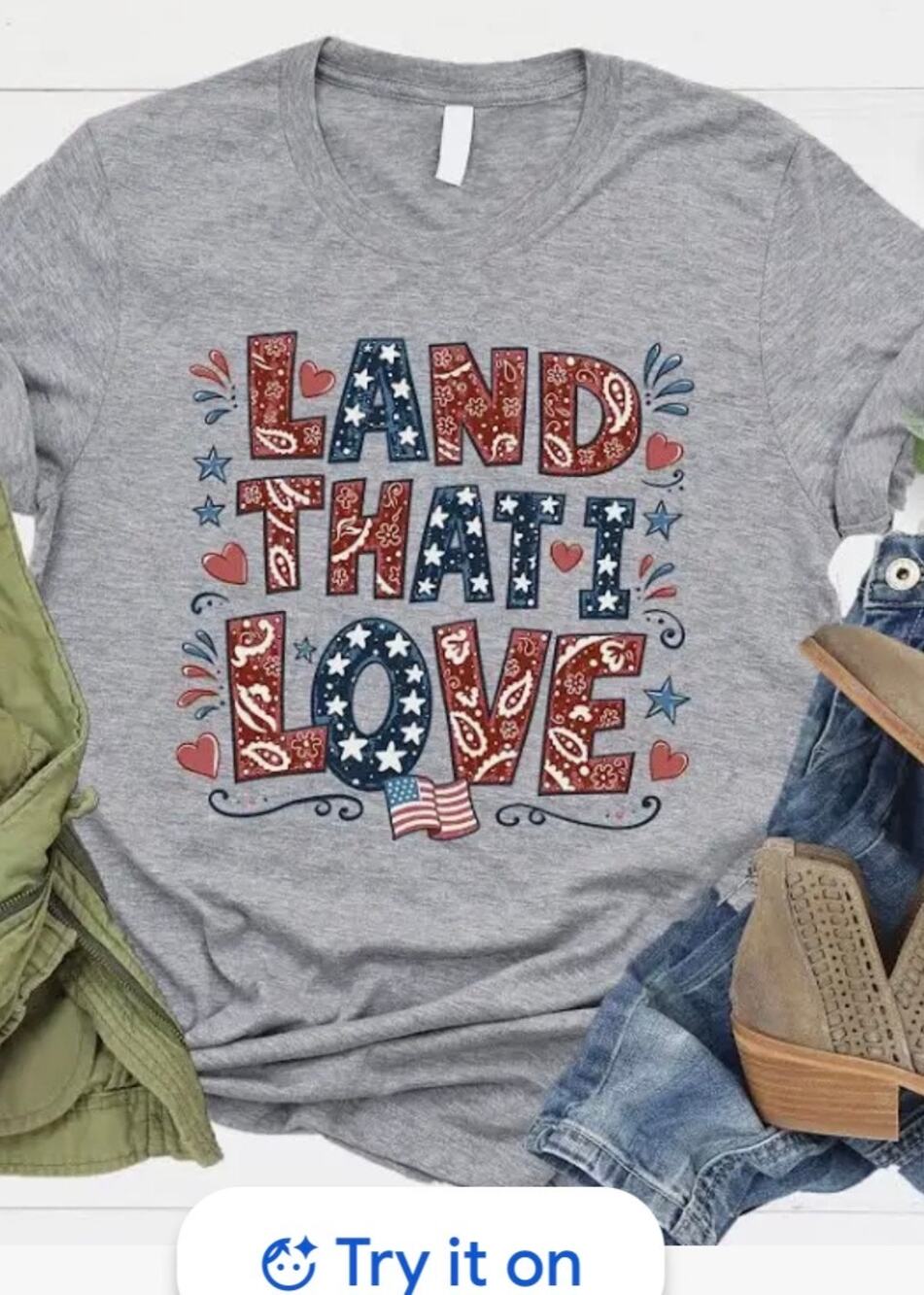 NWT Love & Faith “Land That I Love” Patriotic Tee Heather Grey Small